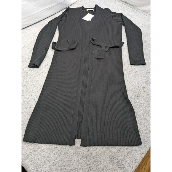 Magaschoni Black Ribbed Long Belted Cardigan Sweater Duster Large MSRP $148 NWT - Picture 2 of 12